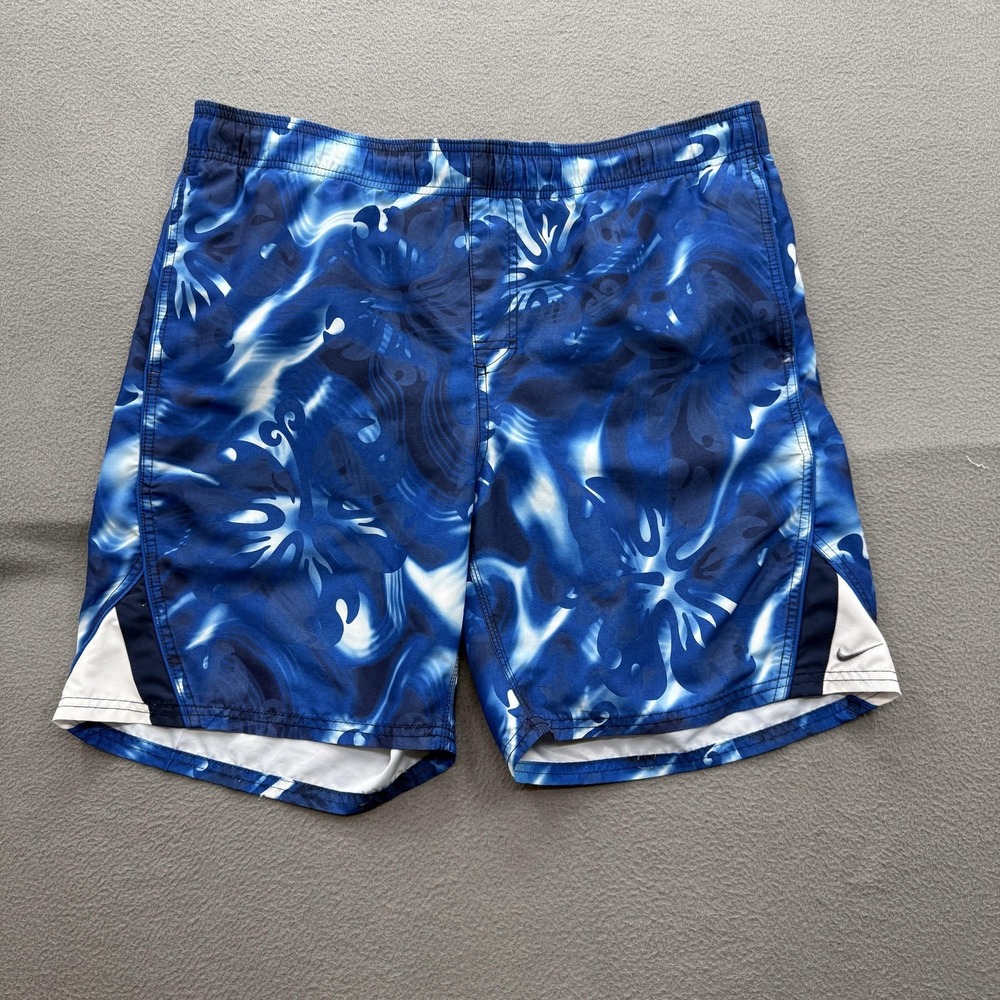 Nike Swim Shorts Mens Large Blue Hawaiian Floral‎ Trunks Mesh Lined Quick Dry